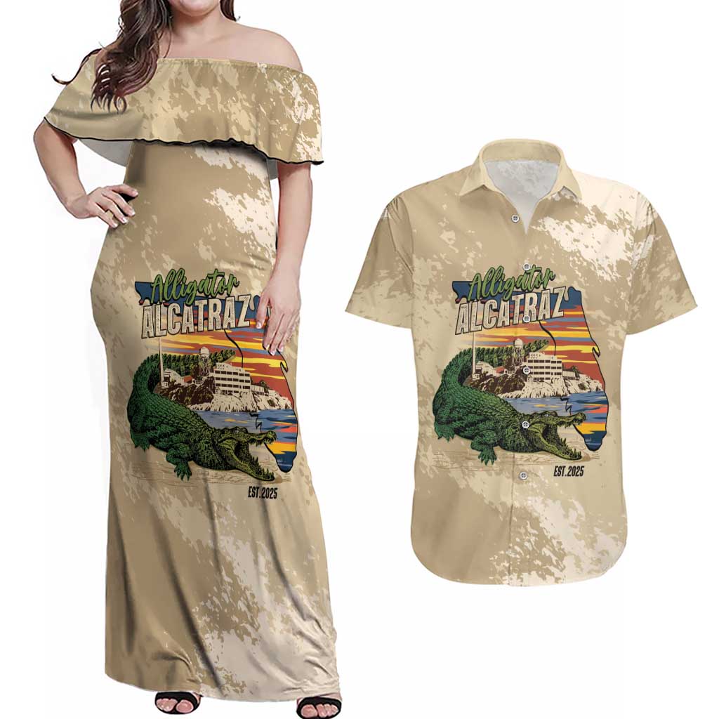 Alligator Alcatraz Retro Couples Matching Off Shoulder Maxi Dress and Hawaiian Shirt The Swamp - Wonder Print Shop