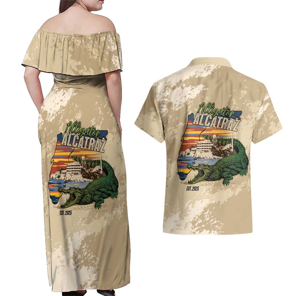 Alligator Alcatraz Retro Couples Matching Off Shoulder Maxi Dress and Hawaiian Shirt The Swamp - Wonder Print Shop
