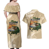 Alligator Alcatraz Retro Couples Matching Off Shoulder Maxi Dress and Hawaiian Shirt The Swamp - Wonder Print Shop