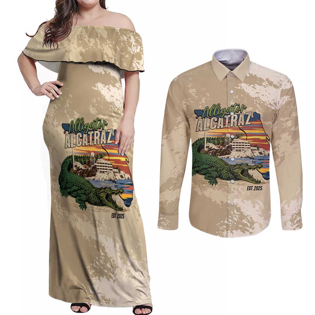 Alligator Alcatraz Retro Couples Matching Off Shoulder Maxi Dress and Long Sleeve Button Shirt The Swamp - Wonder Print Shop