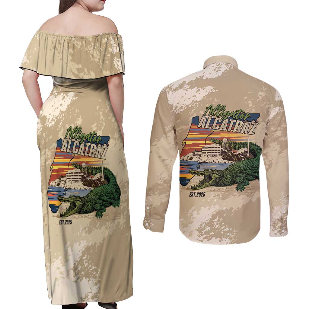 Alligator Alcatraz Retro Couples Matching Off Shoulder Maxi Dress and Long Sleeve Button Shirt The Swamp - Wonder Print Shop