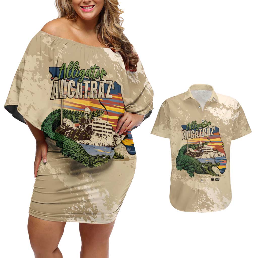 Alligator Alcatraz Retro Couples Matching Off Shoulder Short Dress and Hawaiian Shirt The Swamp - Wonder Print Shop