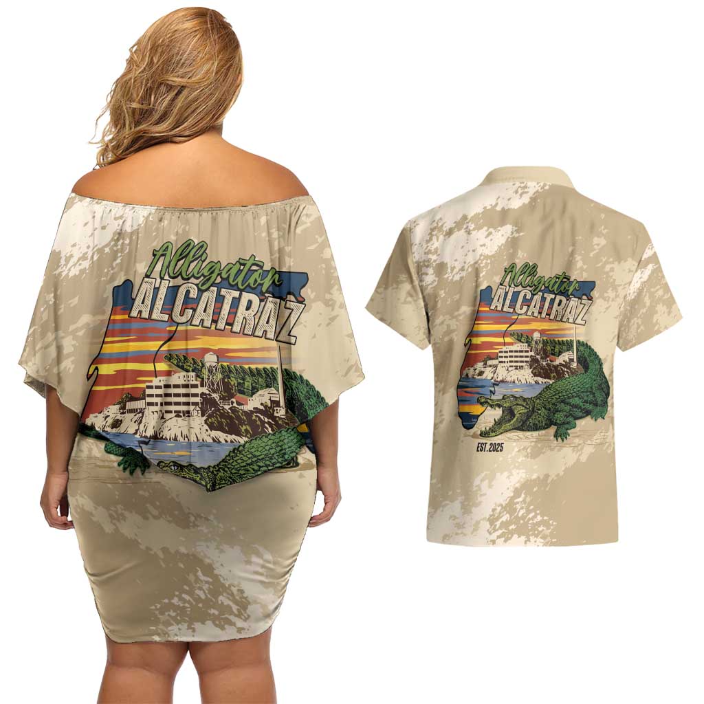 Alligator Alcatraz Retro Couples Matching Off Shoulder Short Dress and Hawaiian Shirt The Swamp - Wonder Print Shop