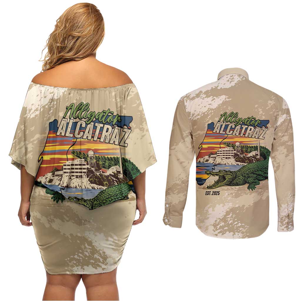 Alligator Alcatraz Retro Couples Matching Off Shoulder Short Dress and Long Sleeve Button Shirt The Swamp - Wonder Print Shop