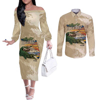 Alligator Alcatraz Retro Couples Matching Off The Shoulder Long Sleeve Dress and Long Sleeve Button Shirt The Swamp - Wonder Print Shop