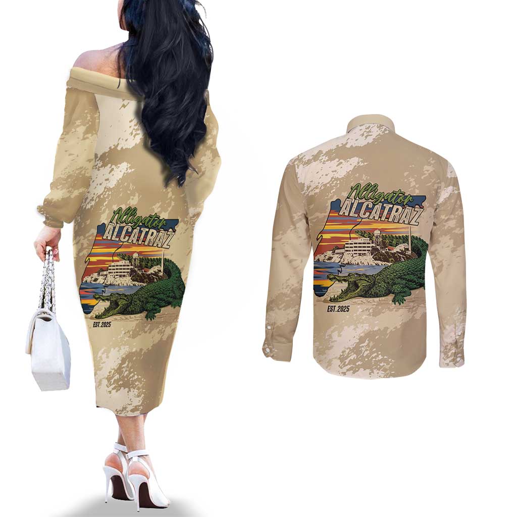 Alligator Alcatraz Retro Couples Matching Off The Shoulder Long Sleeve Dress and Long Sleeve Button Shirt The Swamp - Wonder Print Shop