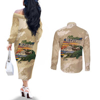 Alligator Alcatraz Retro Couples Matching Off The Shoulder Long Sleeve Dress and Long Sleeve Button Shirt The Swamp - Wonder Print Shop