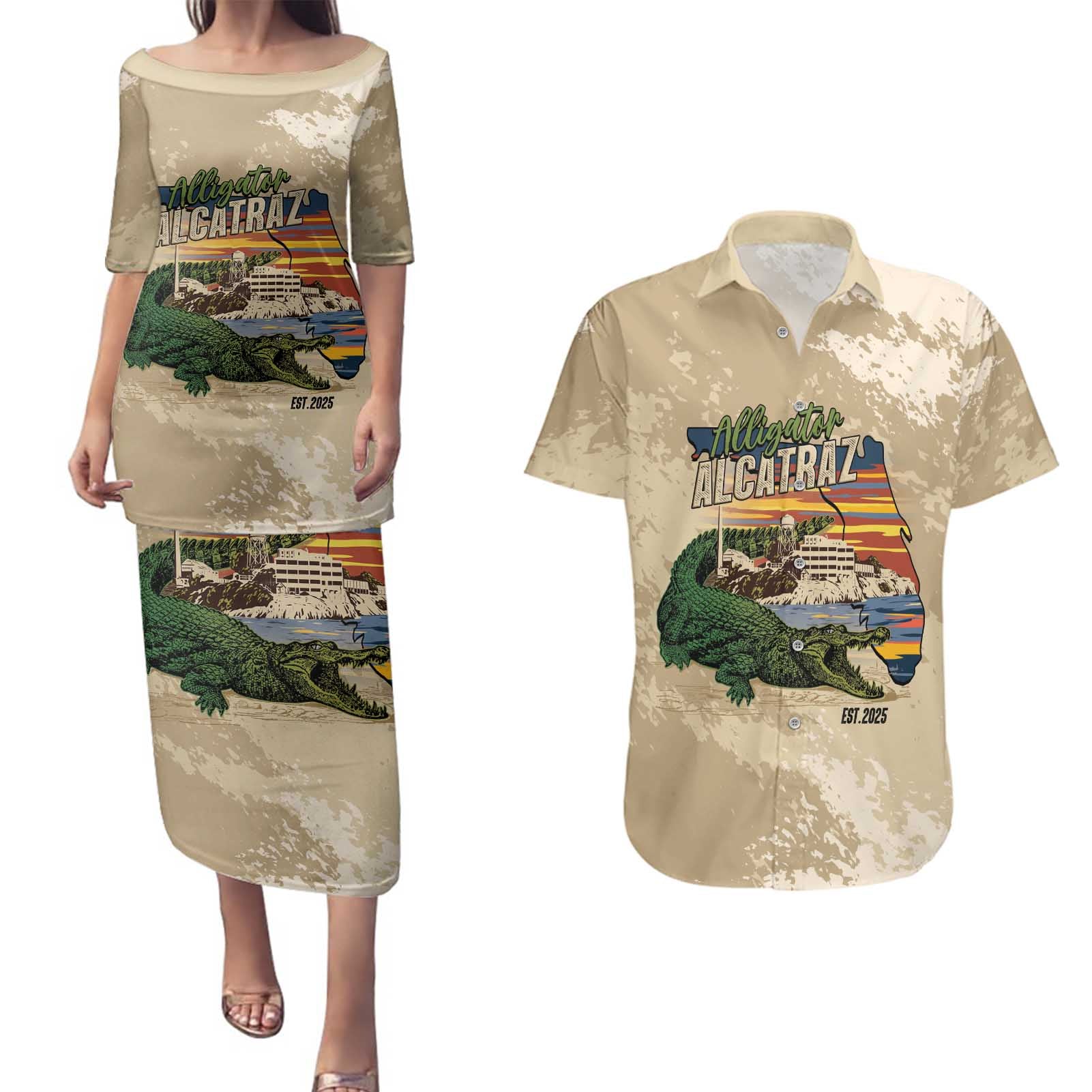 Alligator Alcatraz Retro Couples Matching Puletasi and Hawaiian Shirt The Swamp - Wonder Print Shop