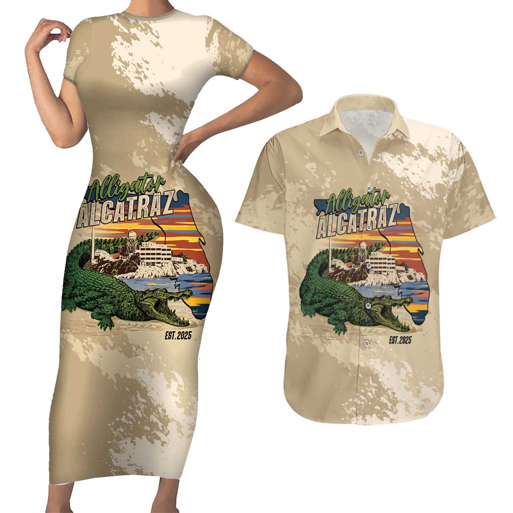 Alligator Alcatraz Retro Couples Matching Short Sleeve Bodycon Dress and Hawaiian Shirt The Swamp - Wonder Print Shop