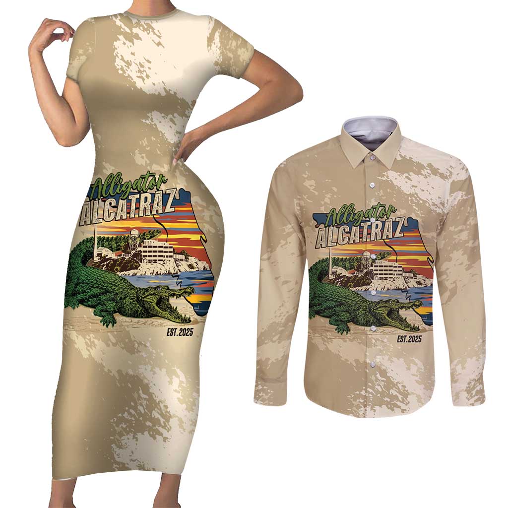 Alligator Alcatraz Retro Couples Matching Short Sleeve Bodycon Dress and Long Sleeve Button Shirt The Swamp - Wonder Print Shop