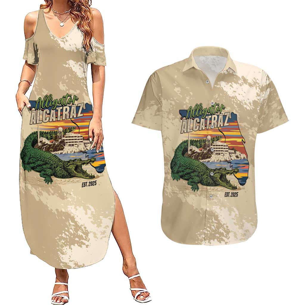 Alligator Alcatraz Retro Couples Matching Summer Maxi Dress and Hawaiian Shirt The Swamp - Wonder Print Shop
