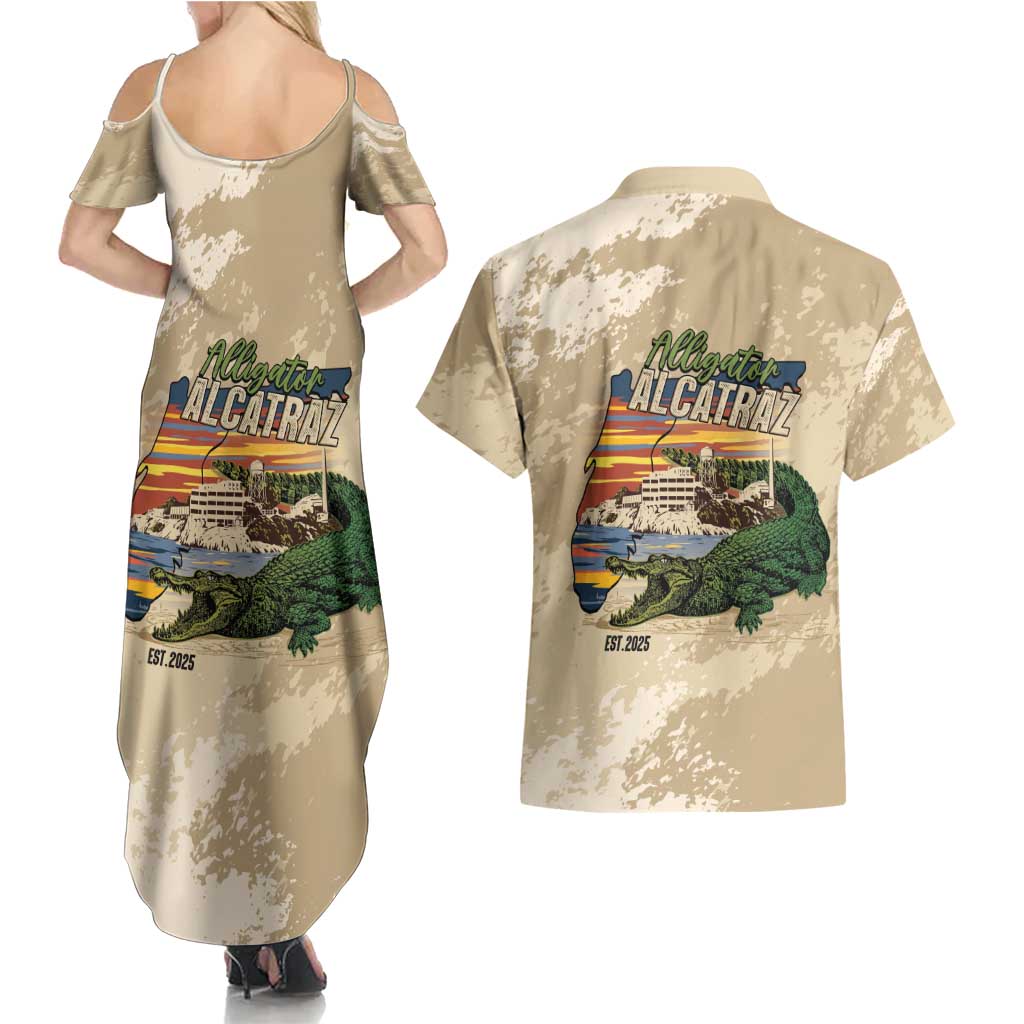 Alligator Alcatraz Retro Couples Matching Summer Maxi Dress and Hawaiian Shirt The Swamp - Wonder Print Shop