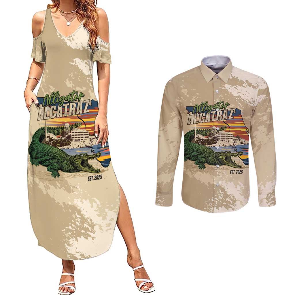 Alligator Alcatraz Retro Couples Matching Summer Maxi Dress and Long Sleeve Button Shirt The Swamp - Wonder Print Shop