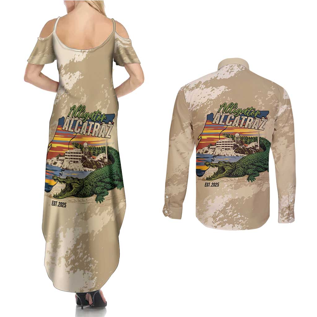 Alligator Alcatraz Retro Couples Matching Summer Maxi Dress and Long Sleeve Button Shirt The Swamp - Wonder Print Shop