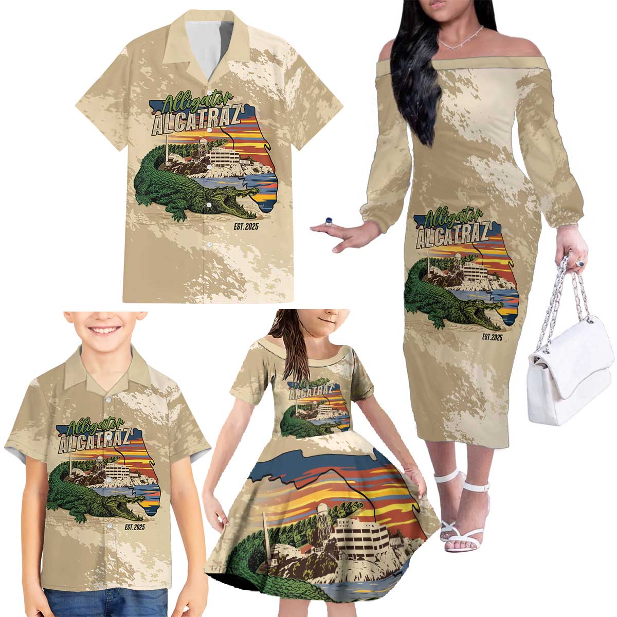 Alligator Alcatraz Retro Family Matching Off The Shoulder Long Sleeve Dress and Hawaiian Shirt The Swamp - Wonder Print Shop