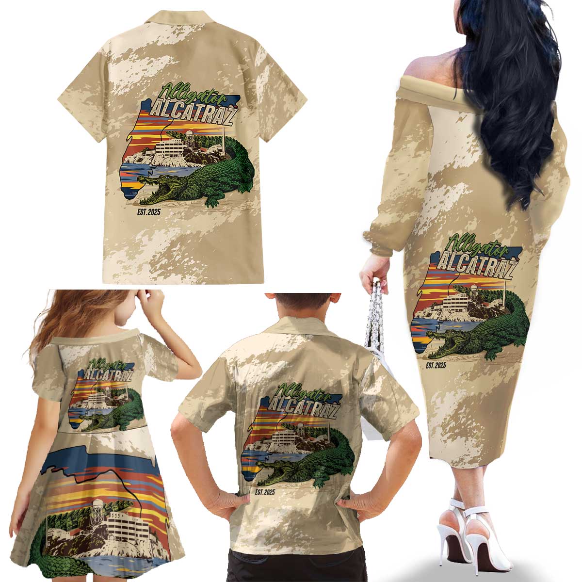 Alligator Alcatraz Retro Family Matching Off The Shoulder Long Sleeve Dress and Hawaiian Shirt The Swamp - Wonder Print Shop