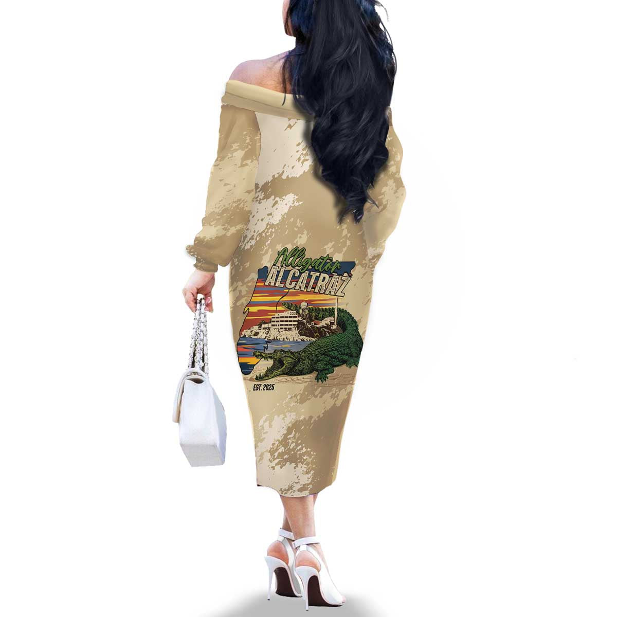 Alligator Alcatraz Retro Family Matching Off The Shoulder Long Sleeve Dress and Hawaiian Shirt The Swamp - Wonder Print Shop