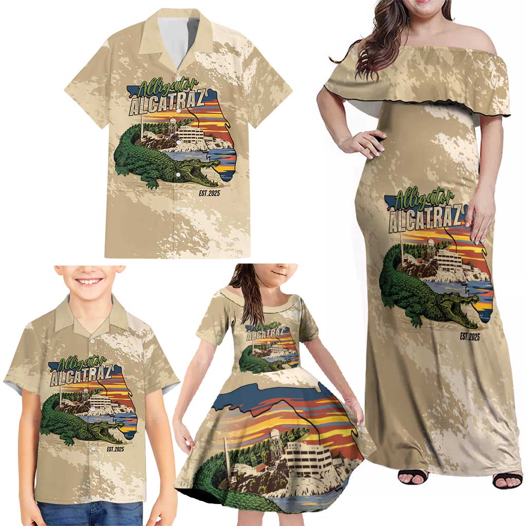 Alligator Alcatraz Retro Family Matching Off Shoulder Maxi Dress and Hawaiian Shirt The Swamp - Wonder Print Shop