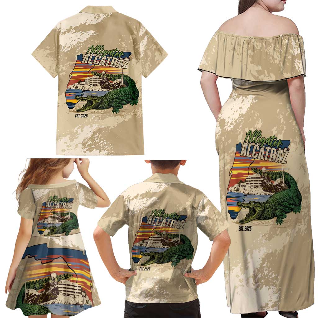 Alligator Alcatraz Retro Family Matching Off Shoulder Maxi Dress and Hawaiian Shirt The Swamp - Wonder Print Shop