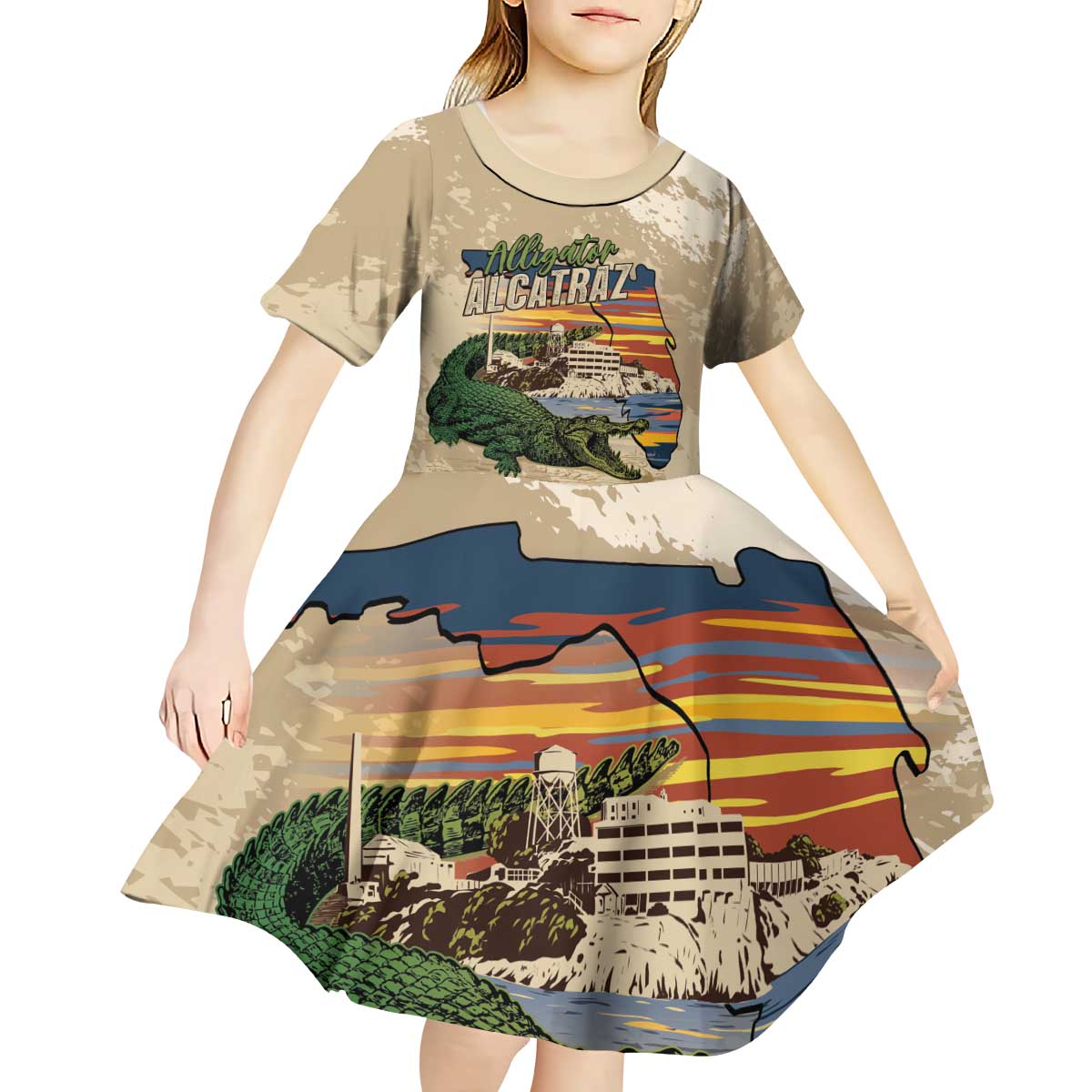 Alligator Alcatraz Retro Kid Short Sleeve Dress The Swamp - Wonder Print Shop