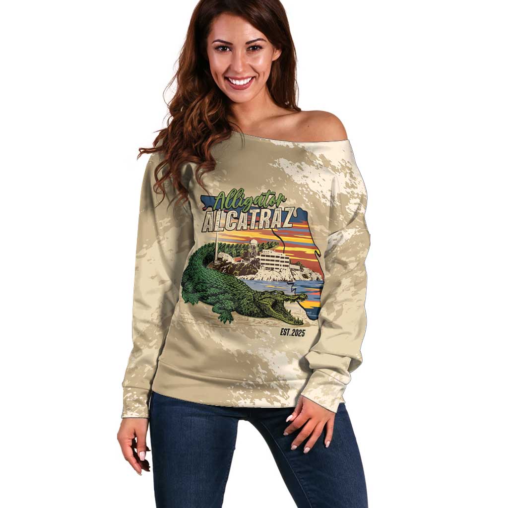 Alligator Alcatraz Retro Off Shoulder Sweater The Swamp - Wonder Print Shop