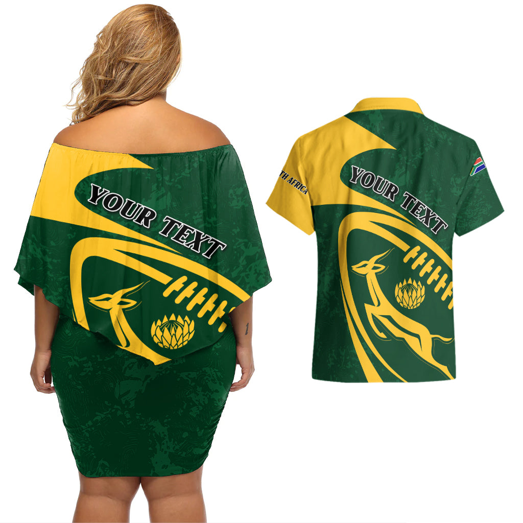Personalised South Africa Rugby 2023 Couples Matching Off Shoulder Short Dress and Hawaiian Shirt Bokke Champions Sporty Dynamics LT7 - Wonder Print Shop