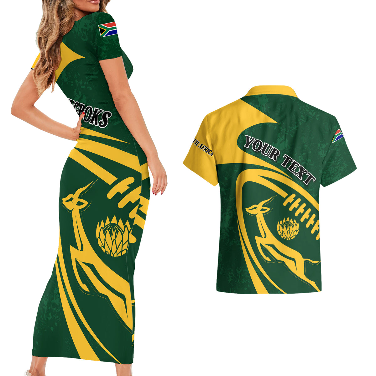 Personalised South Africa Rugby 2023 Couples Matching Short Sleeve Bodycon Dress and Hawaiian Shirt Bokke Champions Sporty Dynamics LT7 - Wonder Print Shop