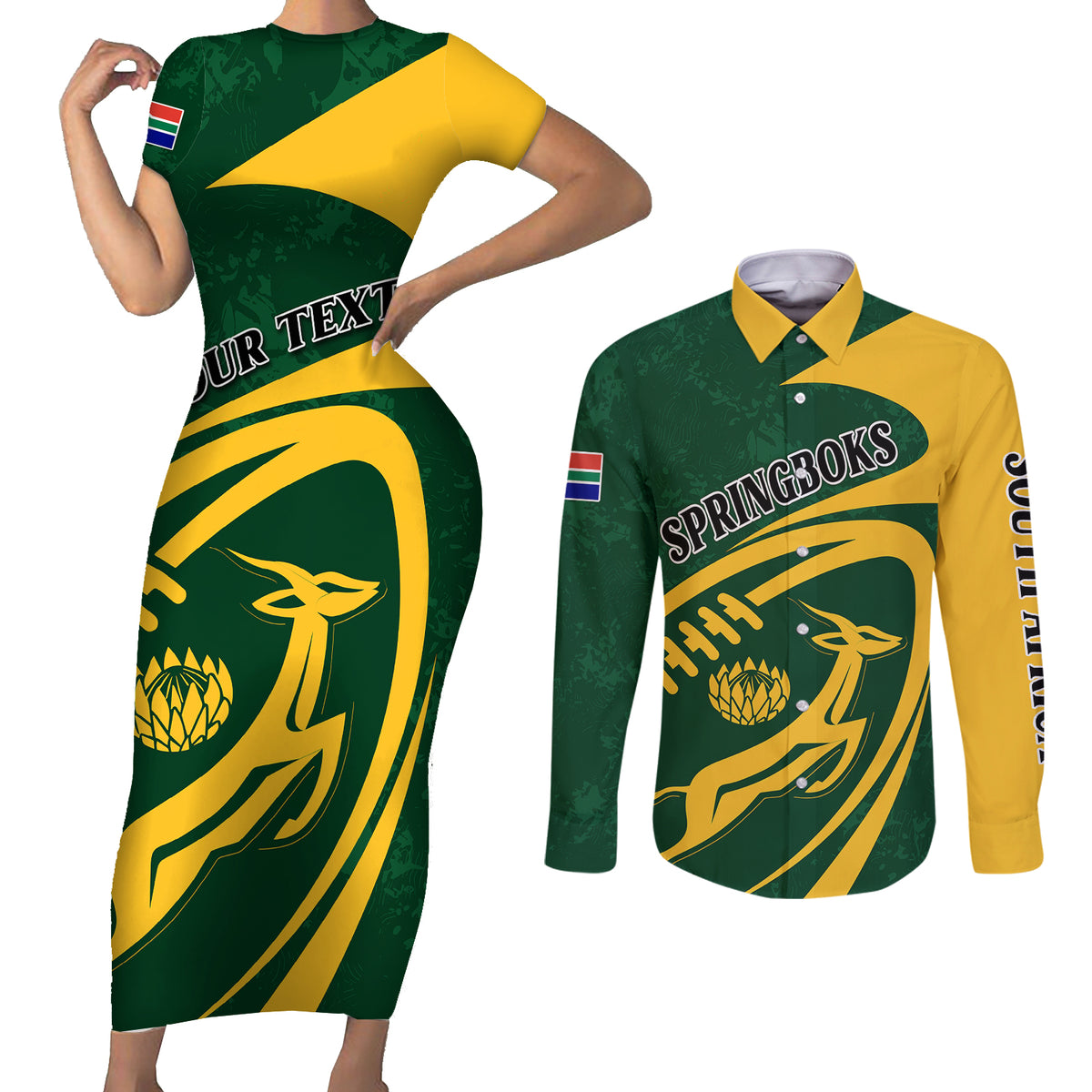 Personalised South Africa Rugby 2023 Couples Matching Short Sleeve Bodycon Dress and Long Sleeve Button Shirts Bokke Champions Sporty Dynamics LT7 - Wonder Print Shop