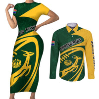 Personalised South Africa Rugby 2023 Couples Matching Short Sleeve Bodycon Dress and Long Sleeve Button Shirts Bokke Champions Sporty Dynamics LT7 - Wonder Print Shop