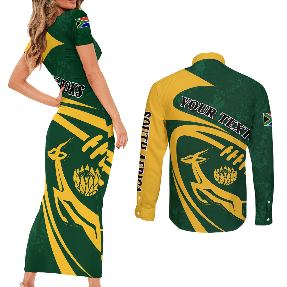 Personalised South Africa Rugby 2023 Couples Matching Short Sleeve Bodycon Dress and Long Sleeve Button Shirts Bokke Champions Sporty Dynamics LT7 - Wonder Print Shop