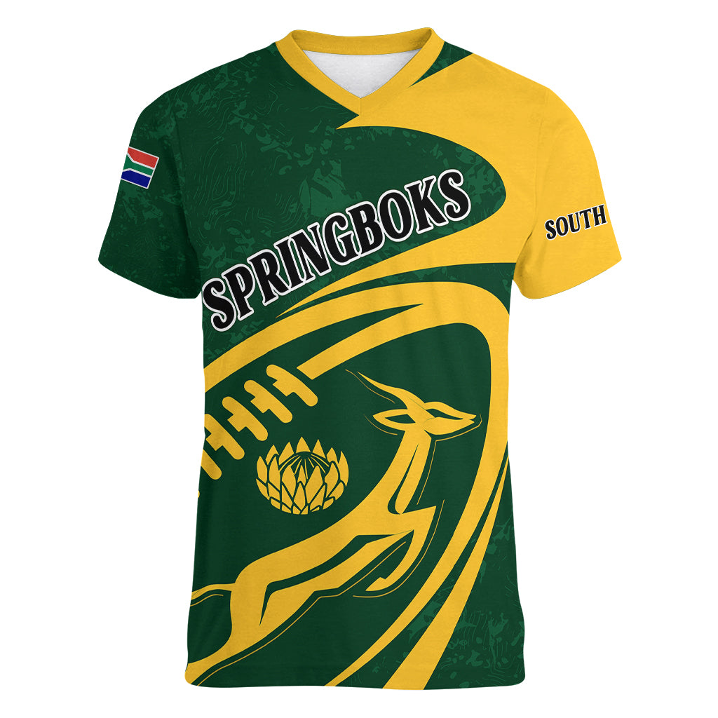 Personalised South Africa Rugby 2023 Women V Neck T Shirt Bokke Champions Sporty Dynamics - Wonder Print Shop