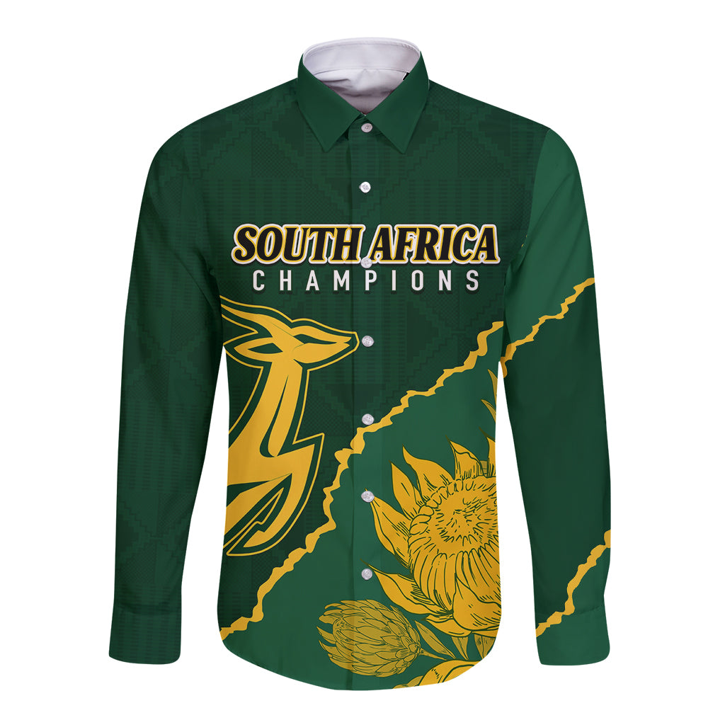 Personalised South Africa Rugby 2023 Long Sleeve Button Shirt Bokke Champions Kente Ethnic - Wonder Print Shop