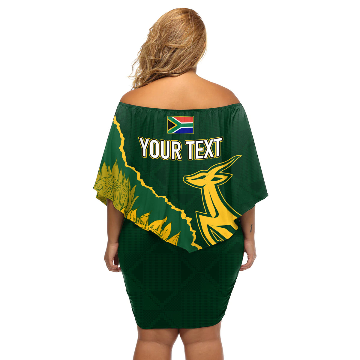 Personalised South Africa Rugby 2023 Off Shoulder Short Dress Bokke Champions Kente Ethnic - Wonder Print Shop
