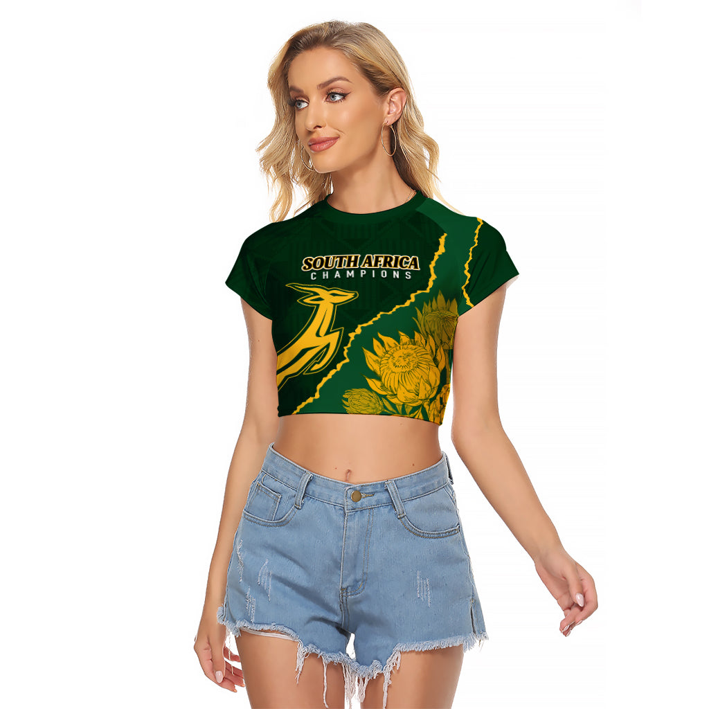 Personalised South Africa Rugby 2023 Raglan Cropped T Shirt Bokke Champions Kente Ethnic - Wonder Print Shop
