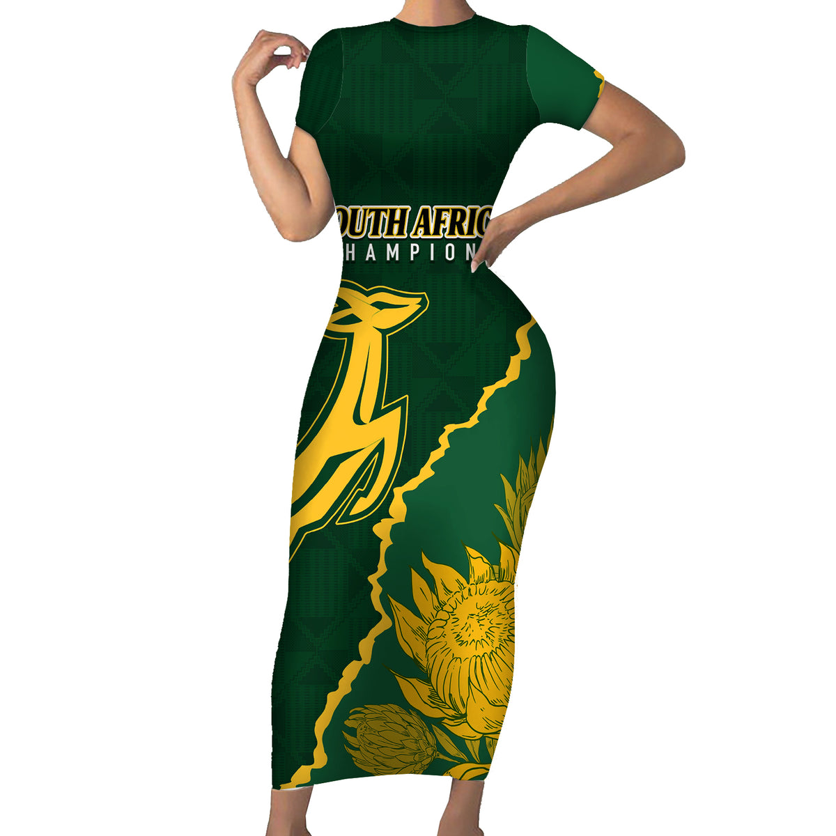 Personalised South Africa Rugby 2023 Short Sleeve Bodycon Dress Bokke Champions Kente Ethnic - Wonder Print Shop