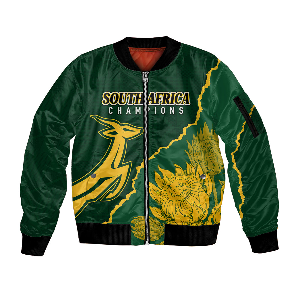 Personalised South Africa Rugby 2023 Sleeve Zip Bomber Jacket Bokke Champions Kente Ethnic - Wonder Print Shop