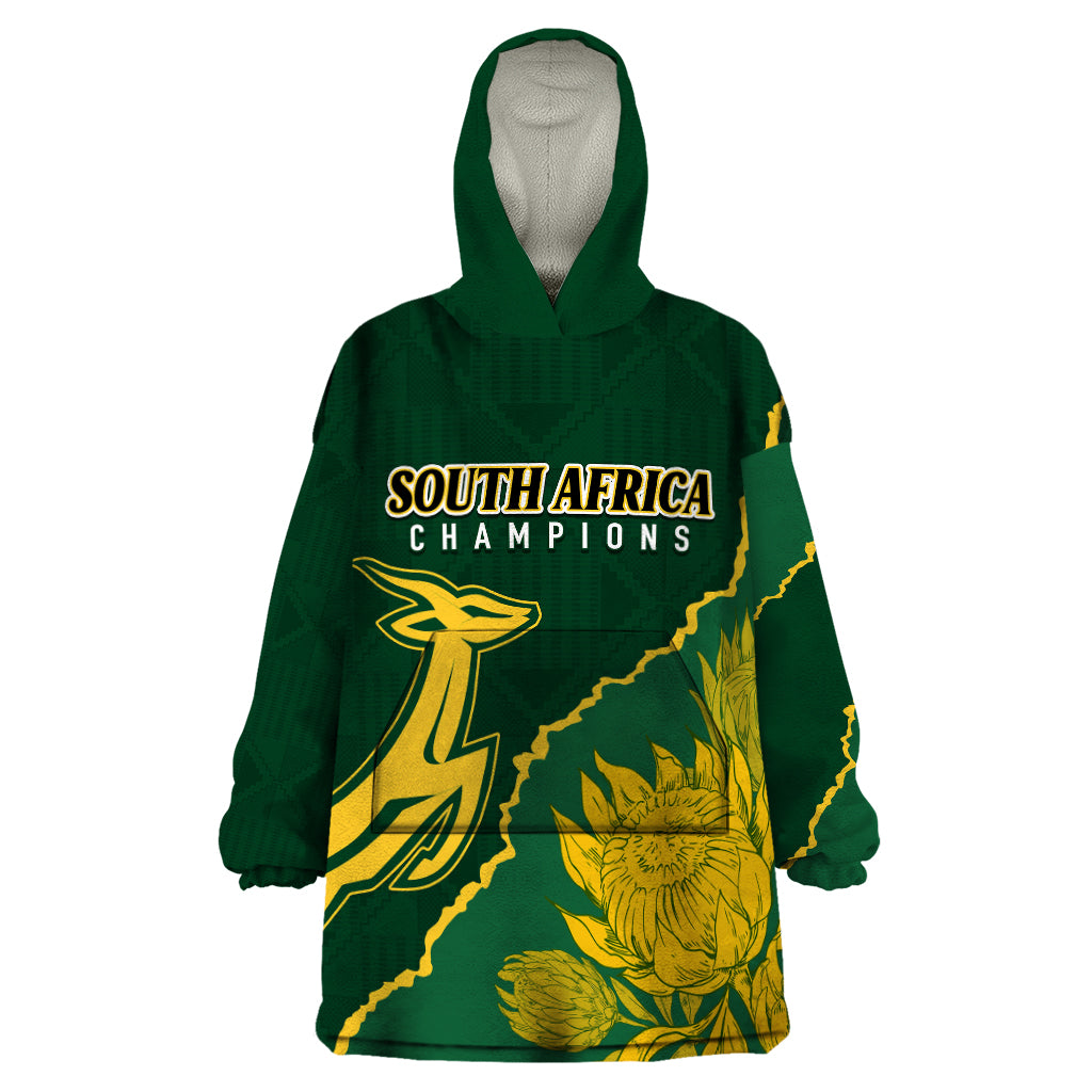 Personalised South Africa Rugby 2023 Wearable Blanket Hoodie Bokke Champions Kente Ethnic - Wonder Print Shop
