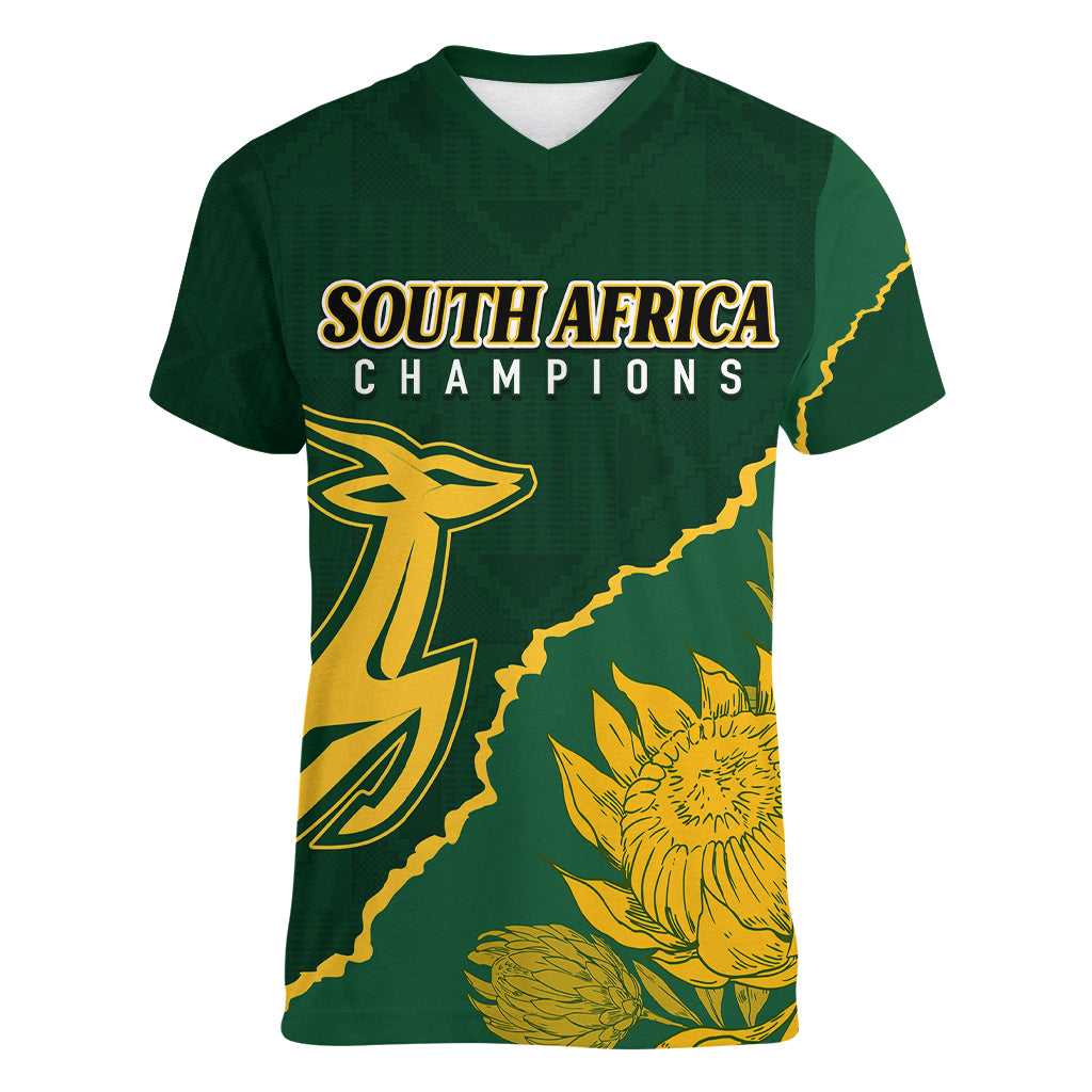 Personalised South Africa Rugby 2023 Women V Neck T Shirt Bokke Champions Kente Ethnic - Wonder Print Shop