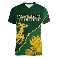 Personalised South Africa Rugby 2023 Women V Neck T Shirt Bokke Champions Kente Ethnic - Wonder Print Shop