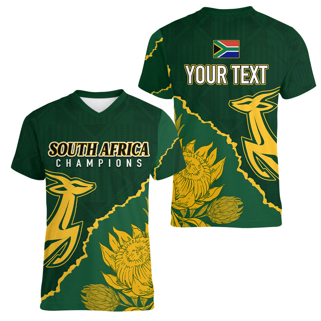 Personalised South Africa Rugby 2023 Women V Neck T Shirt Bokke Champions Kente Ethnic - Wonder Print Shop