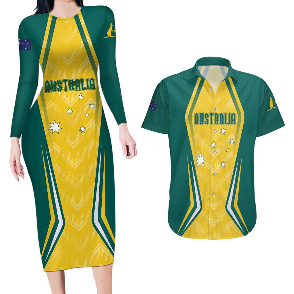Australia 2024 Olympics Custom Couples Matching Long Sleeve Bodycon Dress and Hawaiian Shirt Rise of the Roos LT7 - Wonder Print Shop