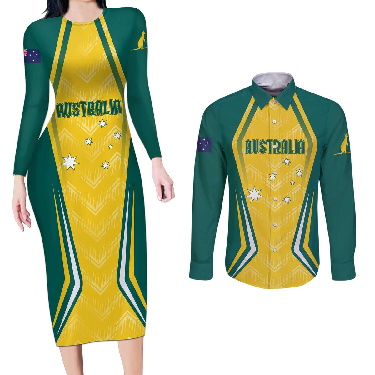 Australia 2024 Olympics Custom Couples Matching Long Sleeve Bodycon Dress and Long Sleeve Button Shirt Rise of the Roos LT7 - Wonder Print Shop