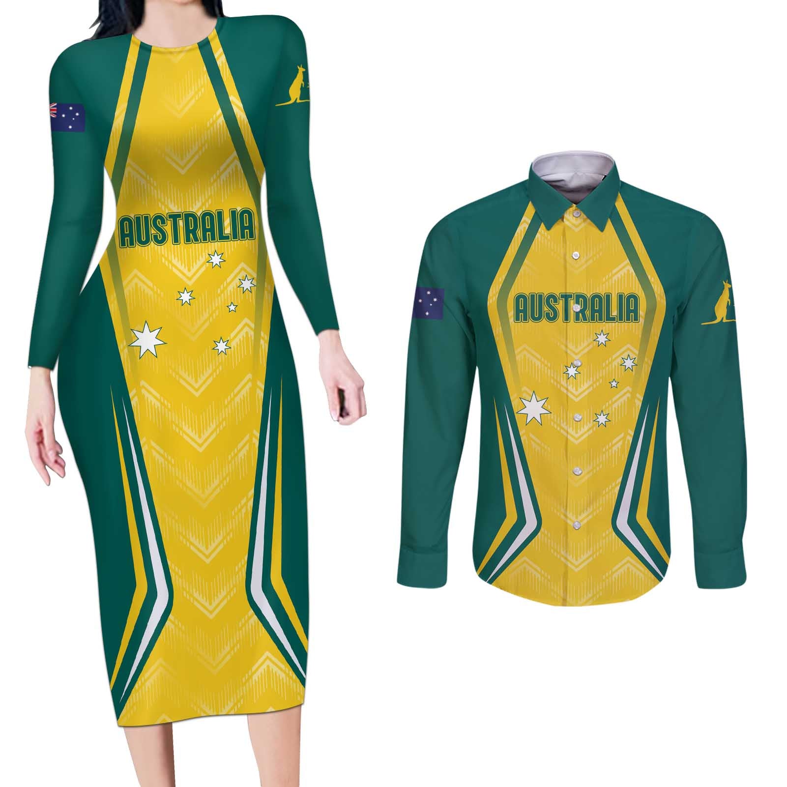 Australia 2024 Olympics Custom Couples Matching Long Sleeve Bodycon Dress and Long Sleeve Button Shirt Rise of the Roos LT7 - Wonder Print Shop