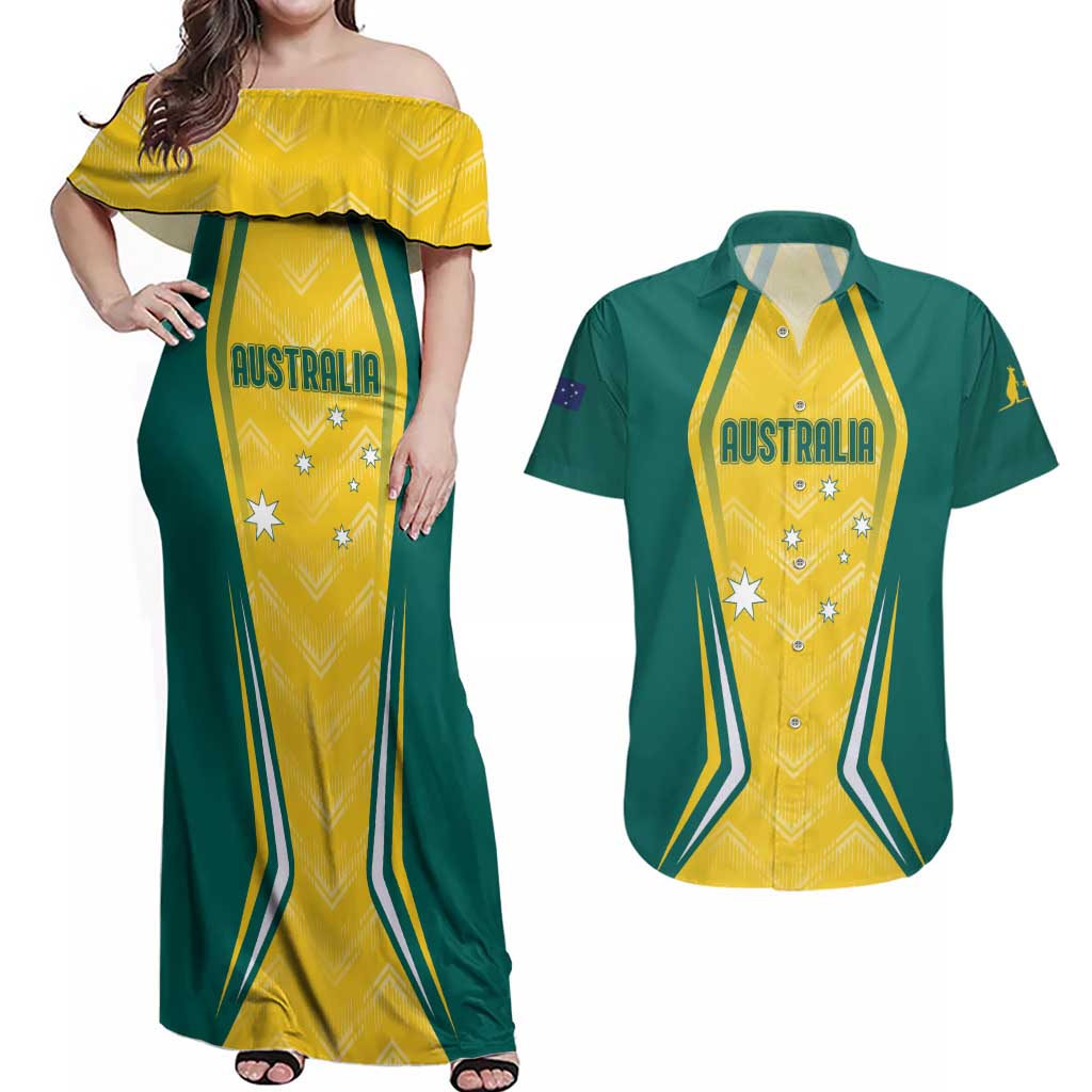 Australia 2024 Olympics Custom Couples Matching Off Shoulder Maxi Dress and Hawaiian Shirt Rise of the Roos LT7 - Wonder Print Shop