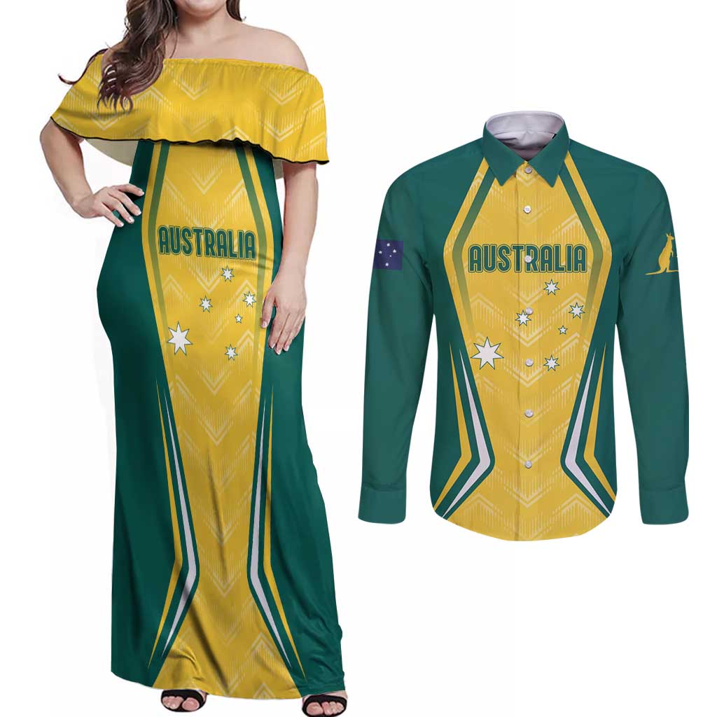 Australia 2024 Olympics Custom Couples Matching Off Shoulder Maxi Dress and Long Sleeve Button Shirt Rise of the Roos LT7 - Wonder Print Shop