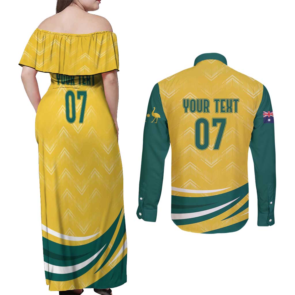 Australia 2024 Olympics Custom Couples Matching Off Shoulder Maxi Dress and Long Sleeve Button Shirt Rise of the Roos LT7 - Wonder Print Shop