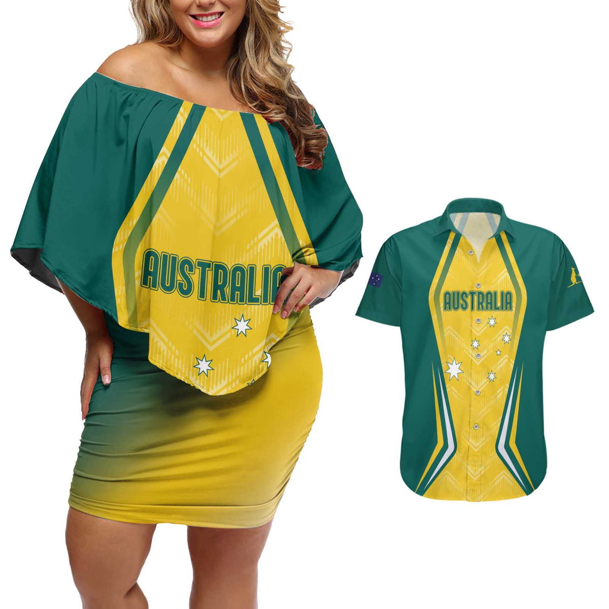 Australia 2024 Olympics Custom Couples Matching Off Shoulder Short Dress and Hawaiian Shirt Rise of the Roos LT7 - Wonder Print Shop