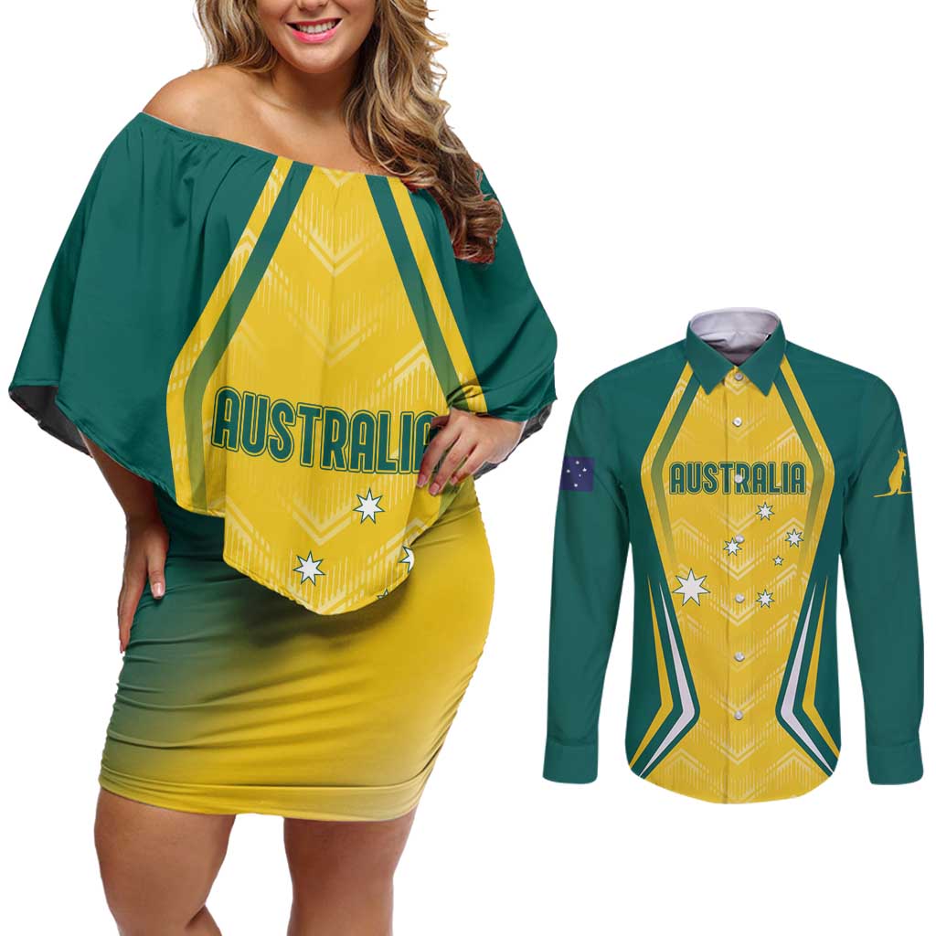 Australia 2024 Olympics Custom Couples Matching Off Shoulder Short Dress and Long Sleeve Button Shirt Rise of the Roos LT7 - Wonder Print Shop