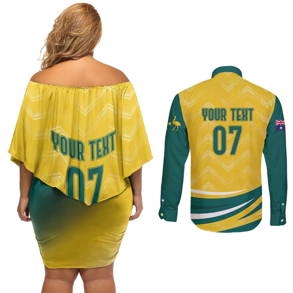 Australia 2024 Olympics Custom Couples Matching Off Shoulder Short Dress and Long Sleeve Button Shirt Rise of the Roos LT7 - Wonder Print Shop