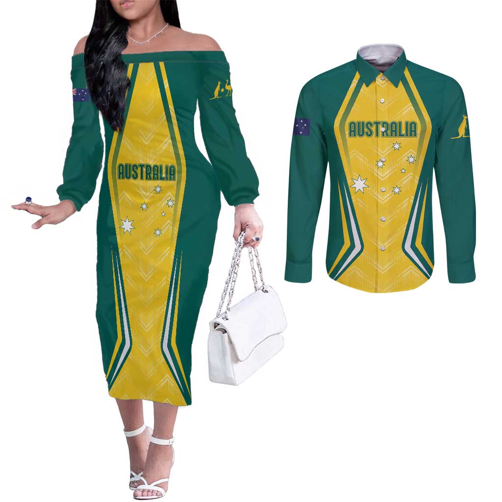 Australia 2024 Olympics Custom Couples Matching Off The Shoulder Long Sleeve Dress and Long Sleeve Button Shirt Rise of the Roos